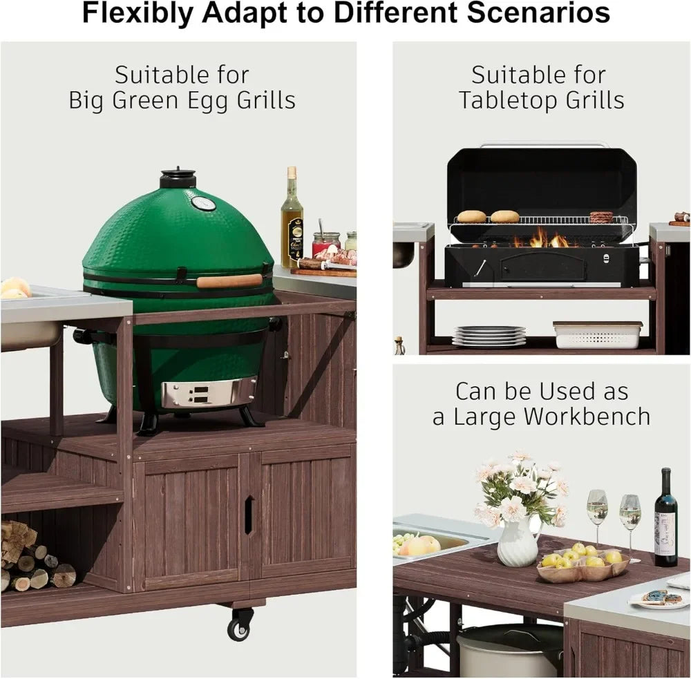 75.4" Outdoor Stainless Top Kitchen Island w/Sink, Rolling BBQ Cart