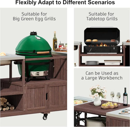 75.4" Outdoor Stainless Top Kitchen Island w/Sink, Rolling BBQ Cart