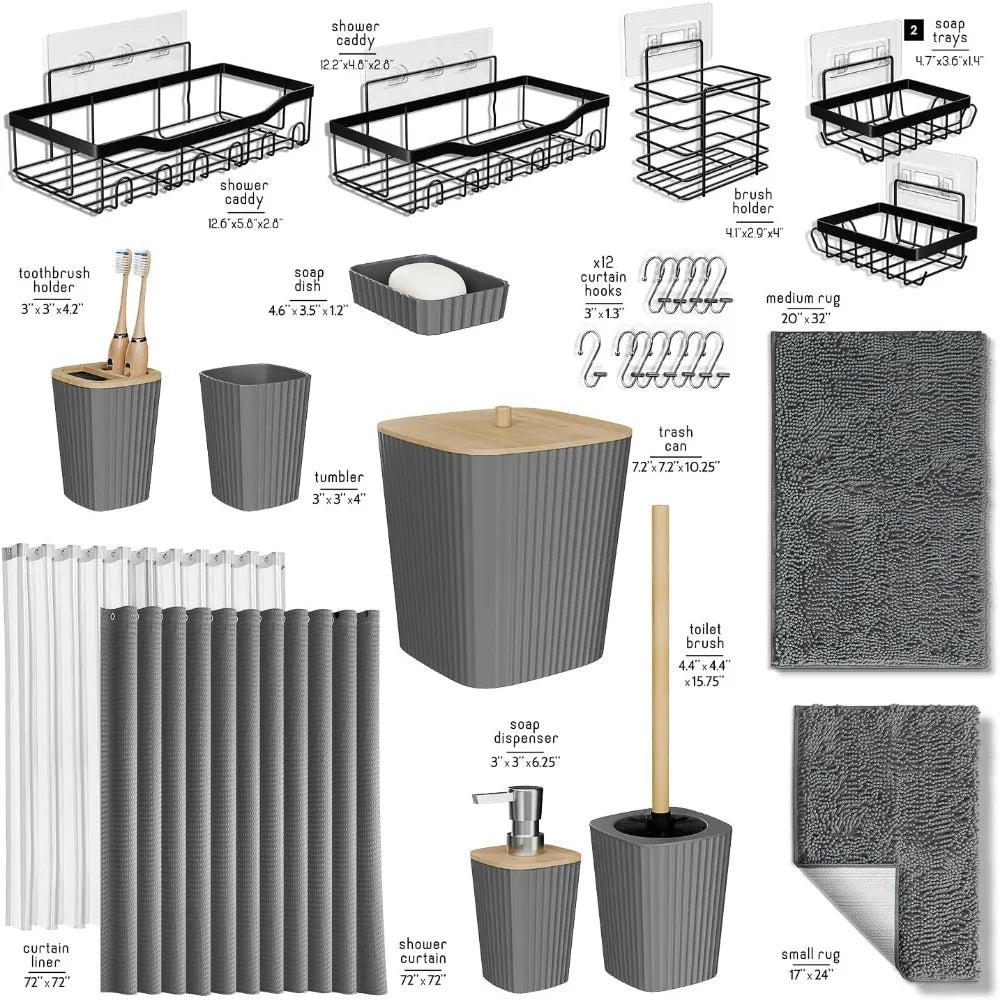 27pc Grey Bathroom Set w/Shower Caddy, Rugs, Curtain, and Accessories