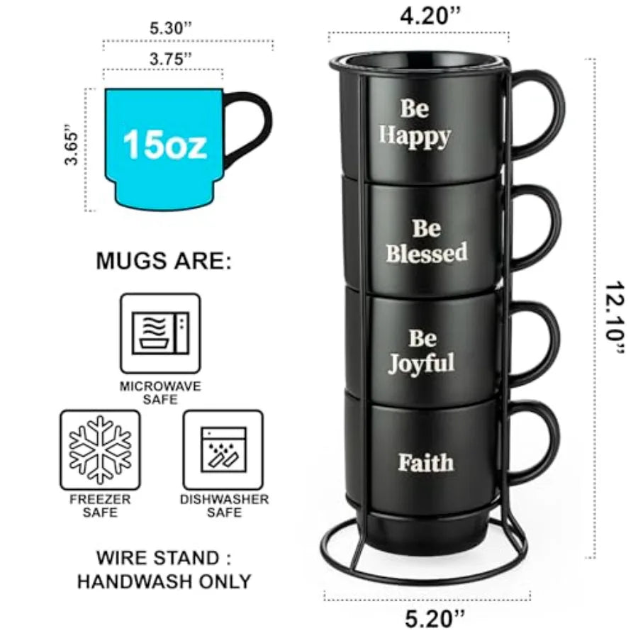 Stackable Coffee Mug Set with Metal Wire Rack