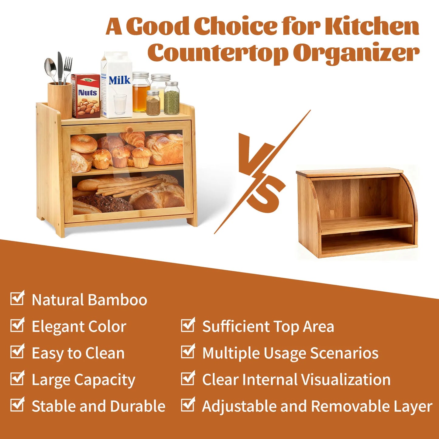 Bamboo Bread Box for Kitchen Countertop (Natural), Double Layer with Window