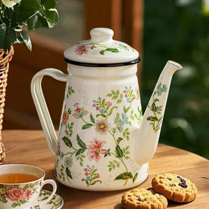 1.2L Enamel Stovetop Teapot with Vintage Floral Pattern