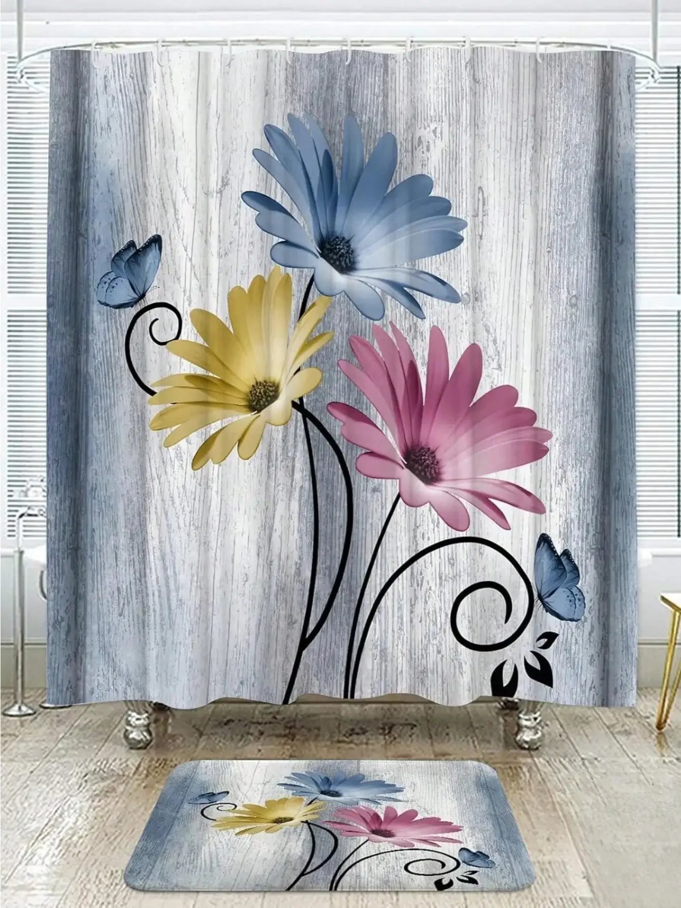 Floral Shower Curtain and Anti-Slip Bathroom Mat, Multi-Colors