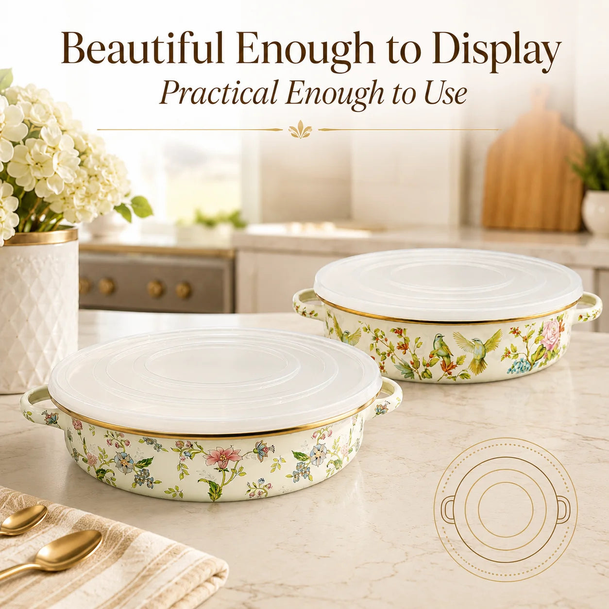 11 Inch Enamel Pie Pan Vintage Floral Non-Stick Baking Dish w/Lid