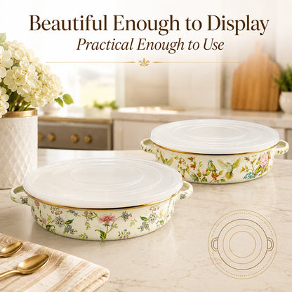 11 Inch Enamel Pie Pan Vintage Floral Non-Stick Baking Dish w/Lid