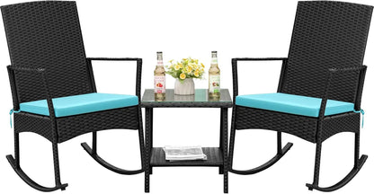 Outdoor High Back Rocking Chair Set w/Glass Table, Beige
