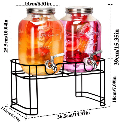 2pk 1gl Drink Dispenser, Glass w/Stand, Stainless Steel Faucet