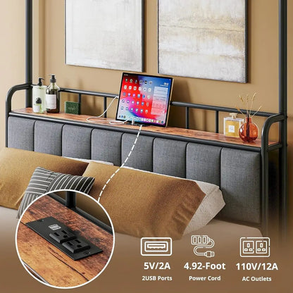 Queen Canopy Bed Frame, Storage and Headboard w/Charging Station