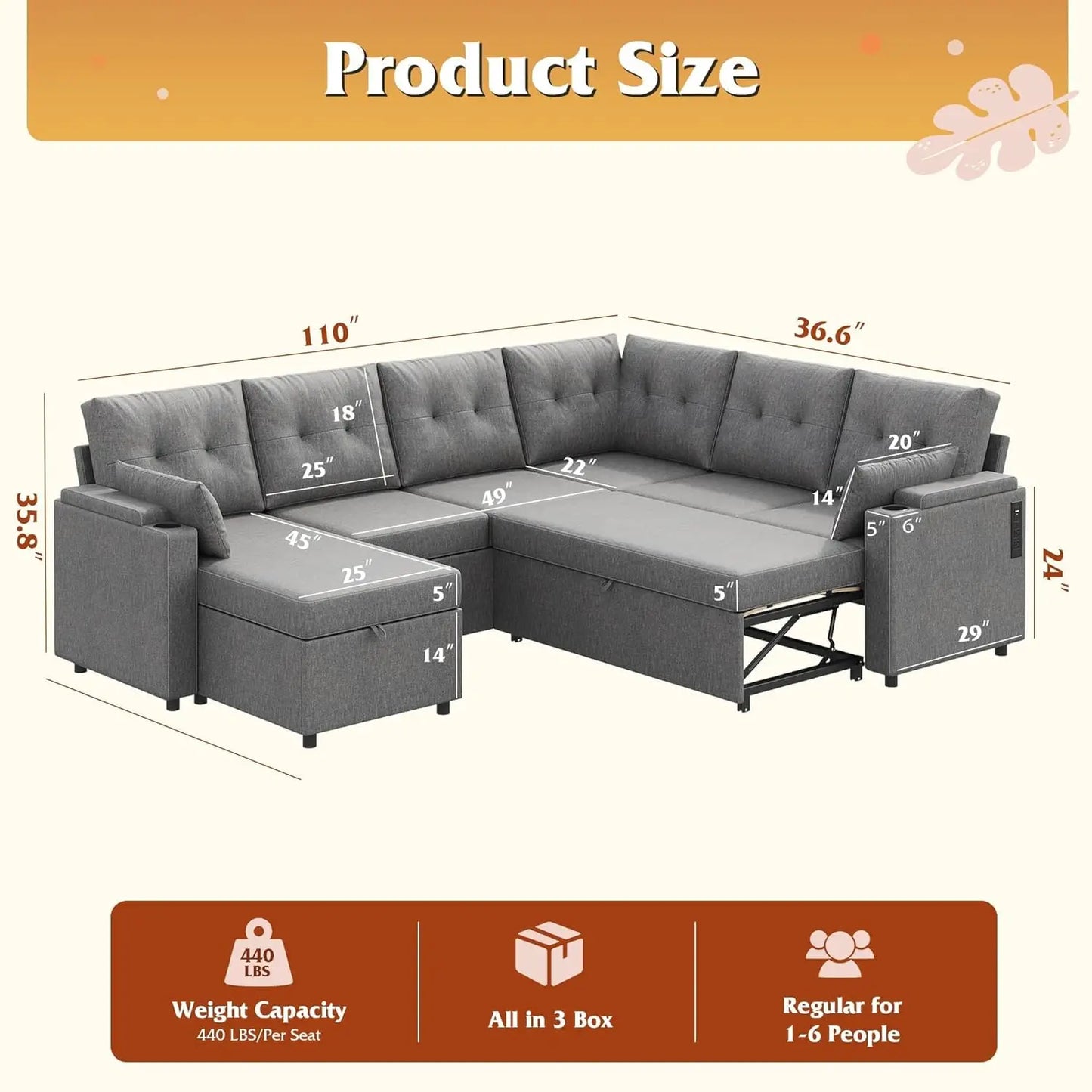 110'' Sectional Pull Out Couch, U Shape 7 Seat Sleeper Sofa w/Storage