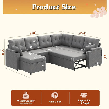 110'' Sectional Pull Out Couch, U Shape 7 Seat Sleeper Sofa w/Storage