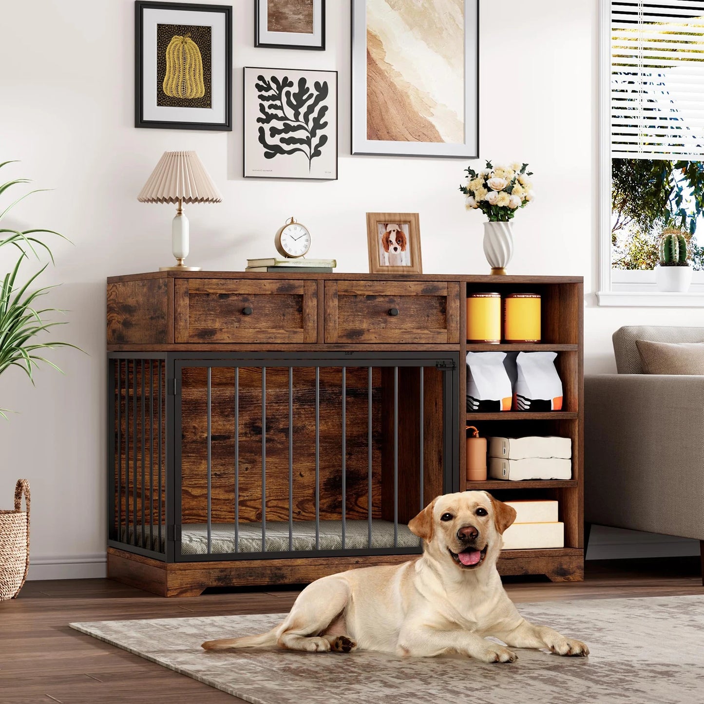 Decorative 47" Indoor Dog Crate With 2 Drawers & 4 Shelves