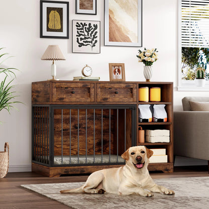Decorative 47" Indoor Dog Crate With 2 Drawers & 4 Shelves