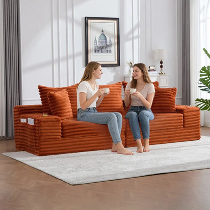 Oversized Boneless Four Seat Sofa w/ 3 Pillows, Cup Holder and Side Pockets