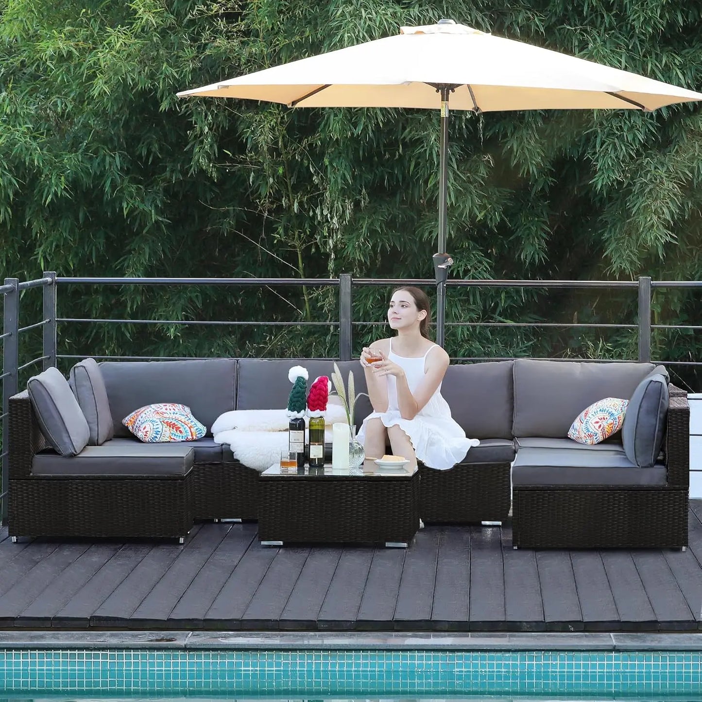 7pc Patio Sectional Wicker Sofa Set, All-Weather Cushions, Glass Table