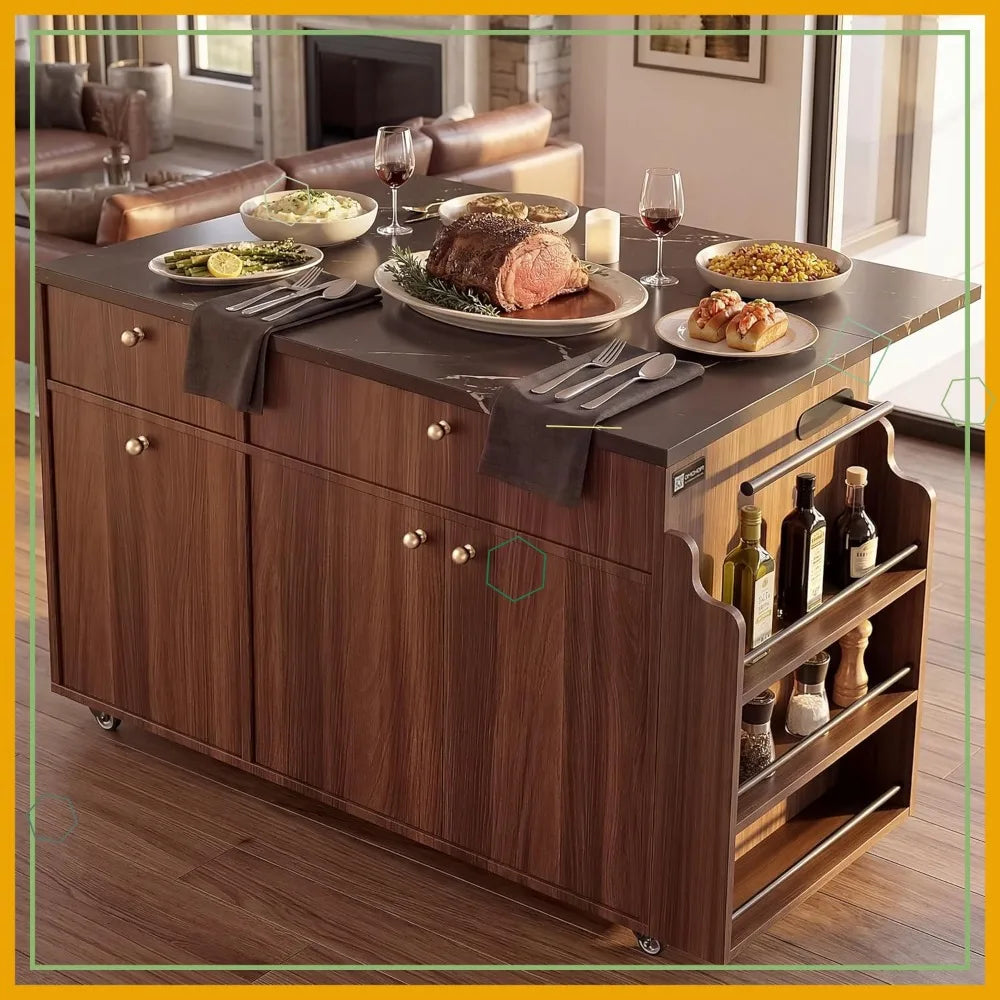 Large 52" Rolling Kitchen Island w/Drop Leaf, Hidden Trash Can