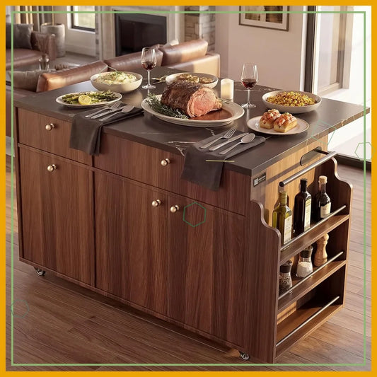 Large 52" Rolling Kitchen Island w/Drop Leaf, Hidden Trash Can