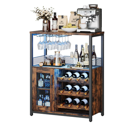 3-Tier Wine Bar Cabinet w/Adjustable Shelves & Glass Holders
