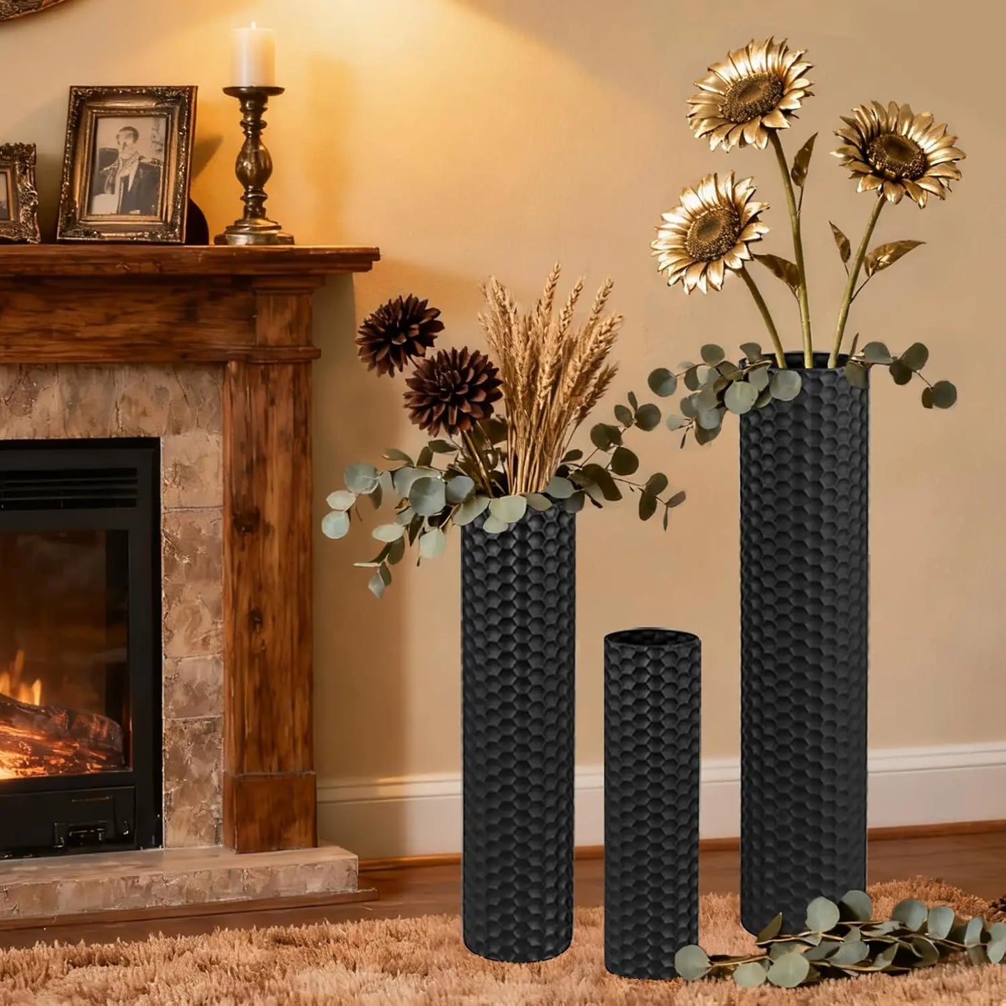 Set (3) Extra Large Black Tall Metal Decorative Vases, 27.6"