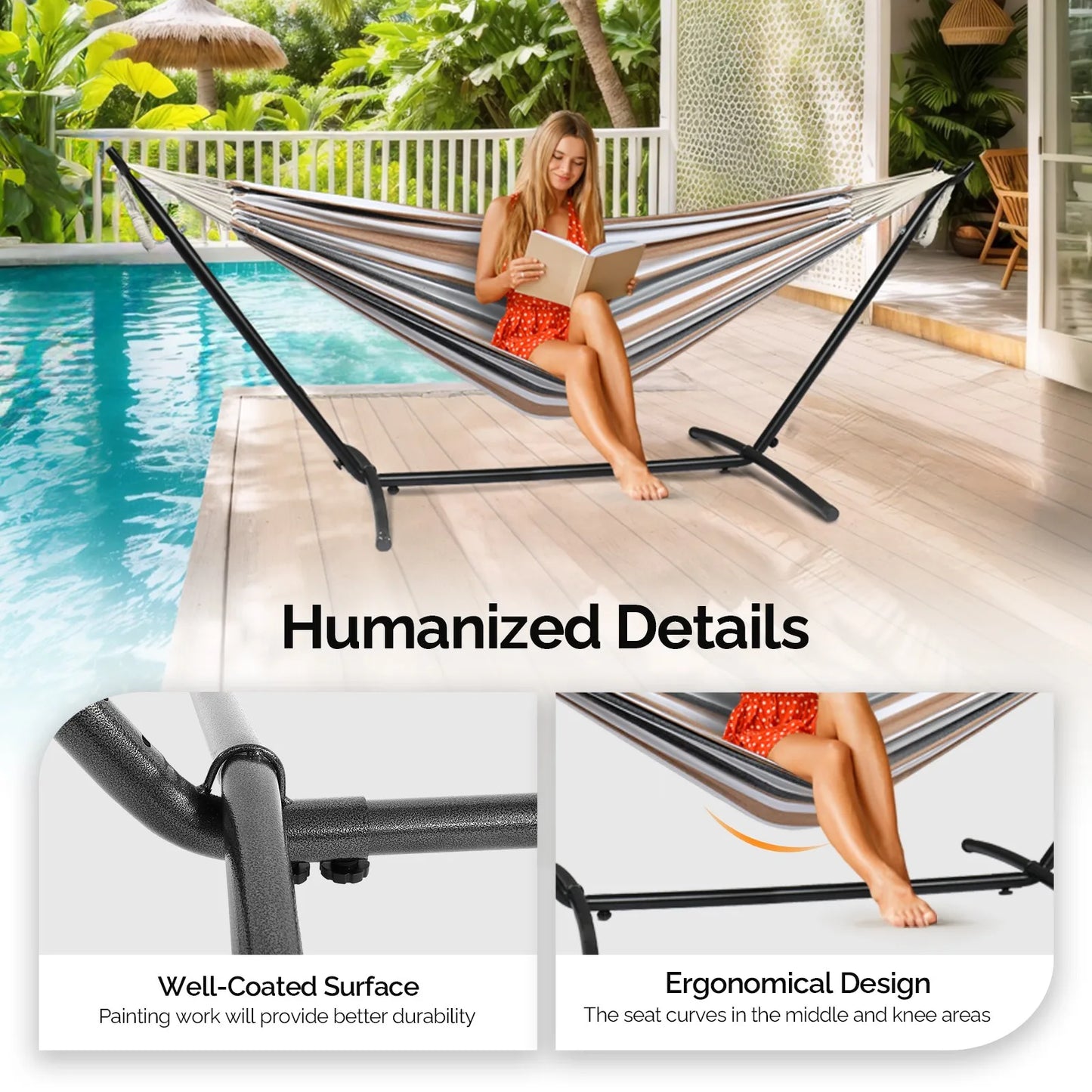 9ft Iron Hammock, Black Frame w/Polyester and Cotton, 330 LBS