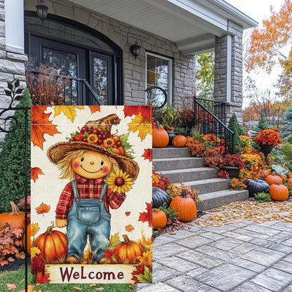 Fall Pumpkin Scarecrow Garden Flag, 12"x18" Double Sided Burlap
