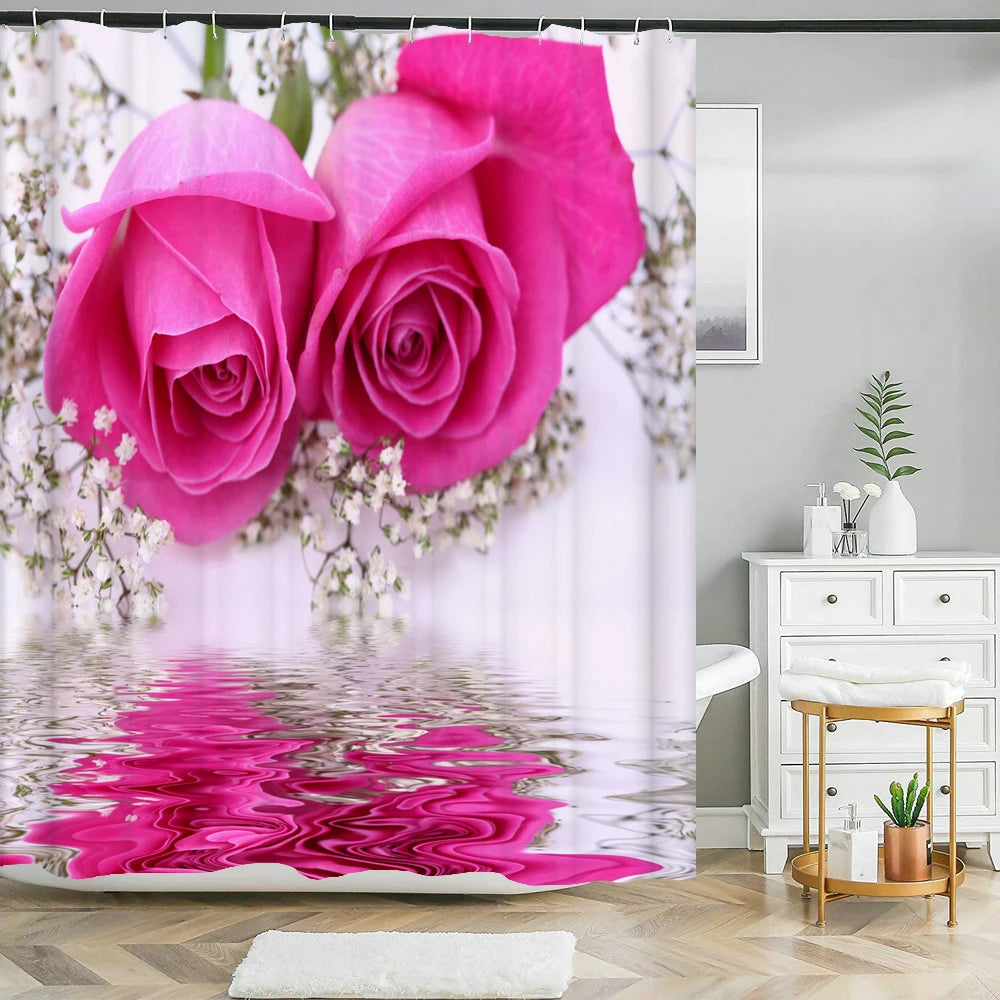 Waterproof Polyester Fabric Bathroom Curtain w/12 Hooks