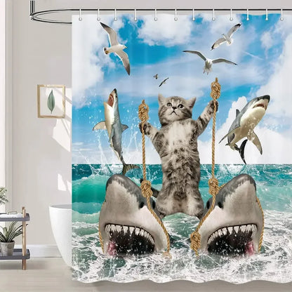Cool Cat Riding Shark Seagull on Ocean Sea Blue Waves