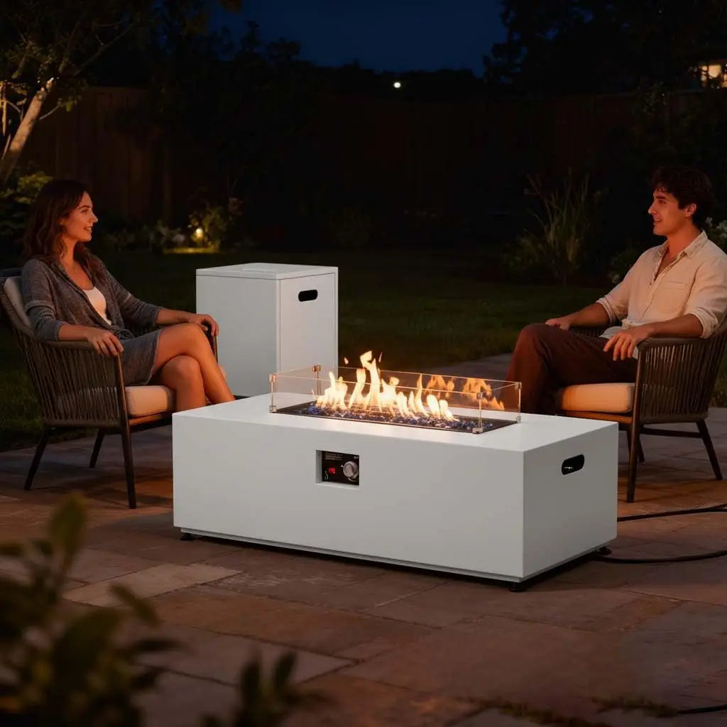 Rectangle 42" Propane Firepit Table w/Tank Holder, Wind Guard, Lid, Glass Stones and Cover