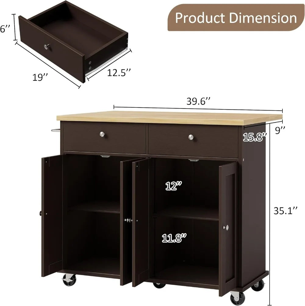 Rolling Kitchen Island Cart w/ Storage, Drop Leaf