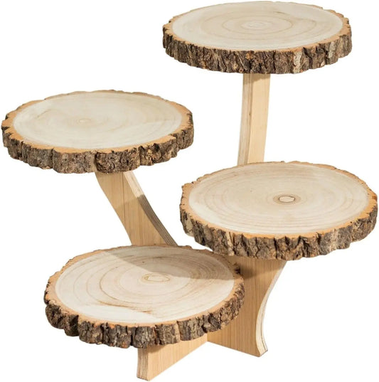 4-Tier Round Wood Food, Party Decor, 15" Rustic Dessert Display