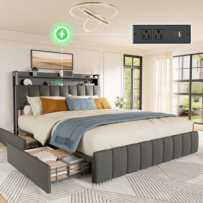 Queen Bed Frame, Upholstered Headboard, 4 Drawers, Charging Station,