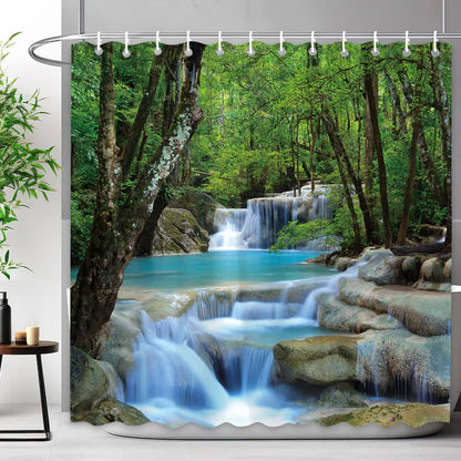 Scenic Shower Curtain Tropical Waterfall, Landscape Nature