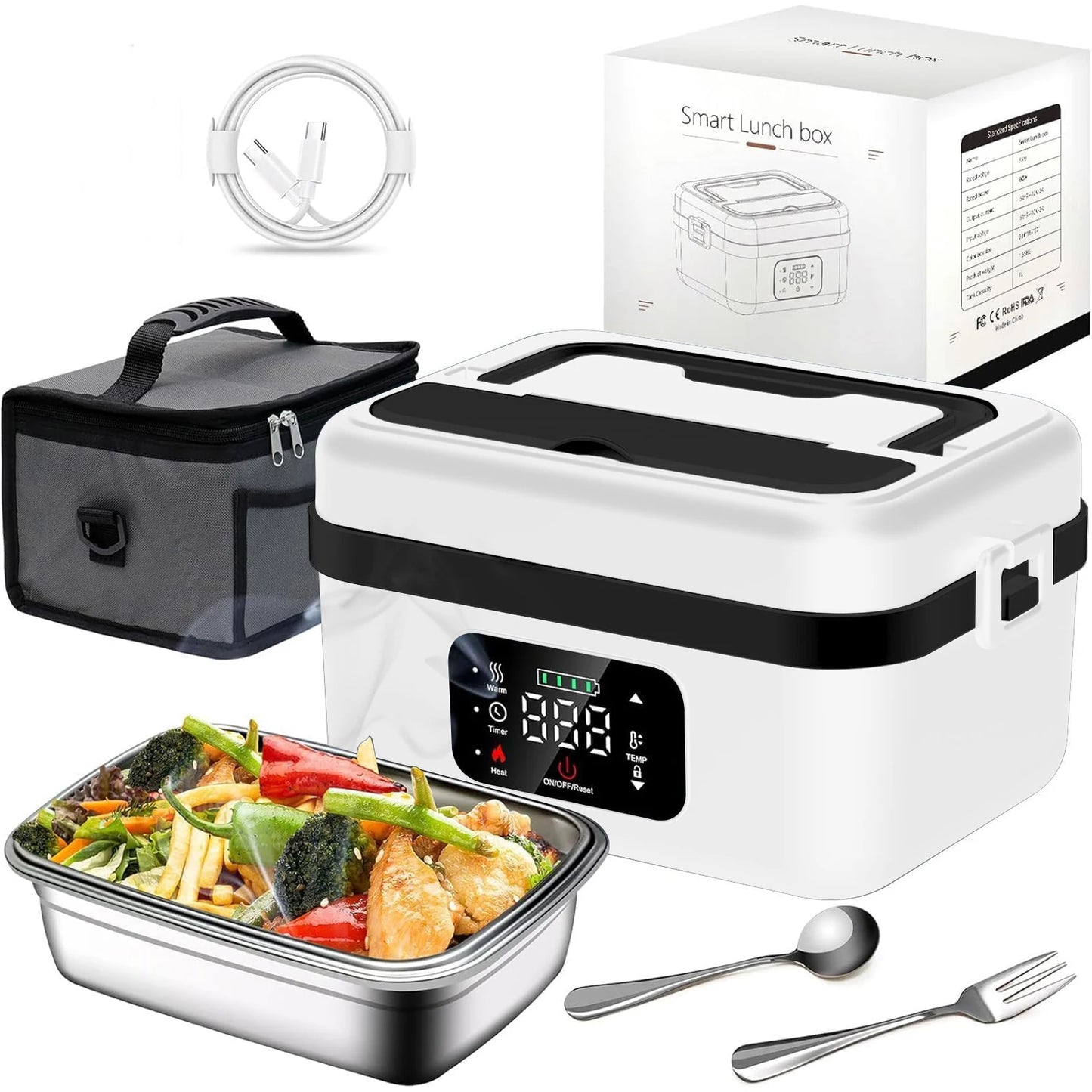 Rechargeable Portable Food Warmer w/Fork and Spoon, Insulated Carrying Bag