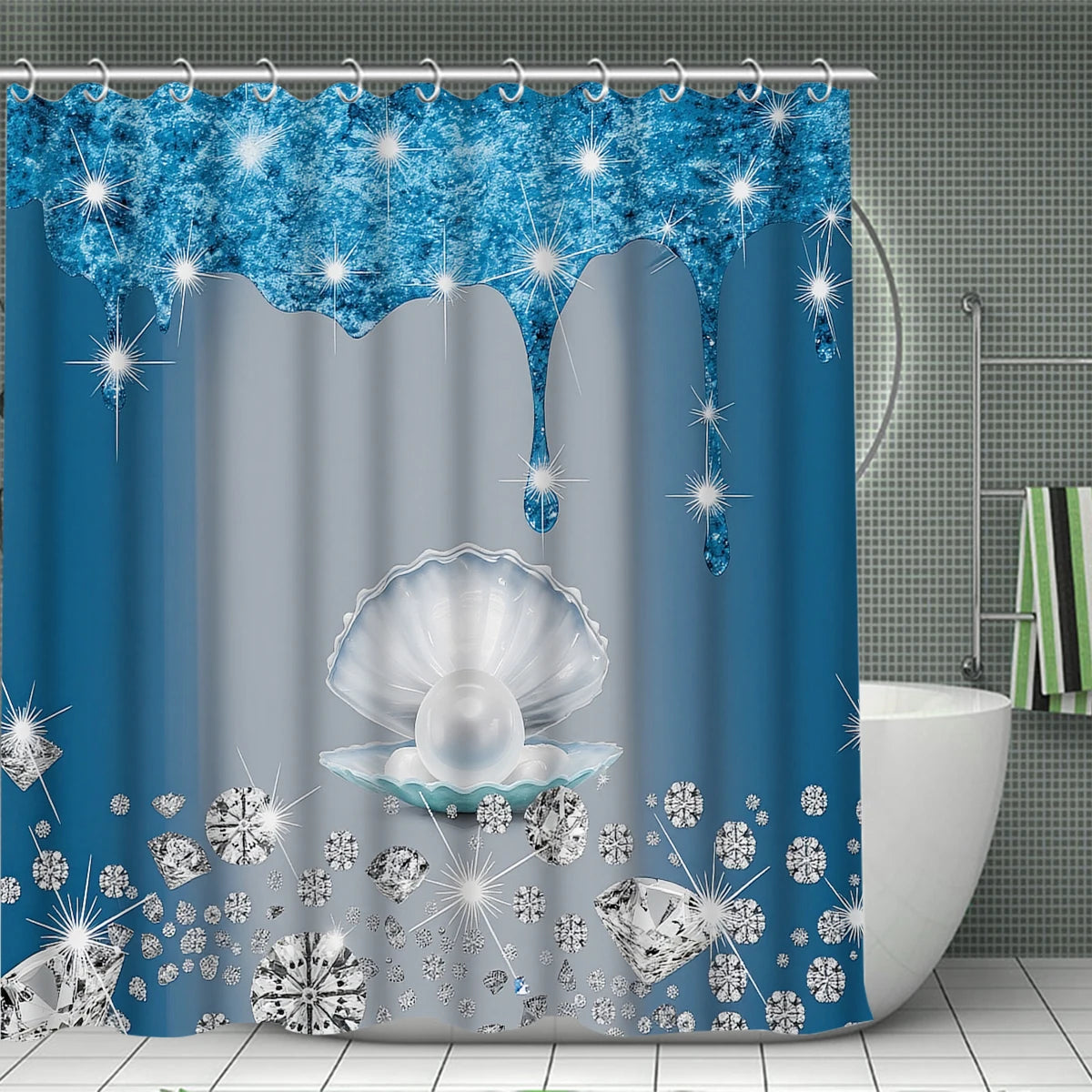 4pc Blue Pearl Diamond Shower Curtain Set with Hooks