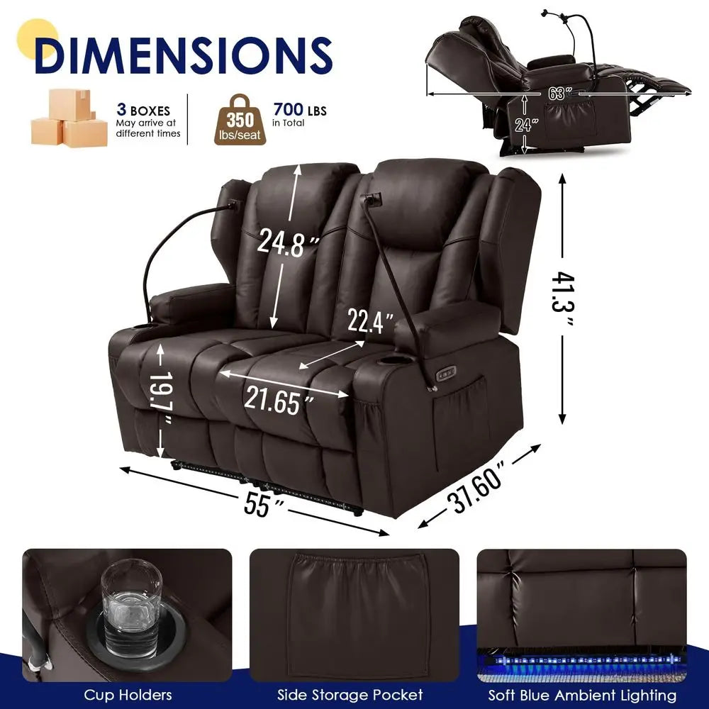 PU Leather Dual Reclining Loveseat, Vibration, Heating, LED Base Lights, USB Ports
