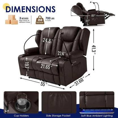 PU Leather Dual Reclining Loveseat, Vibration, Heating, LED Base Lights, USB Ports
