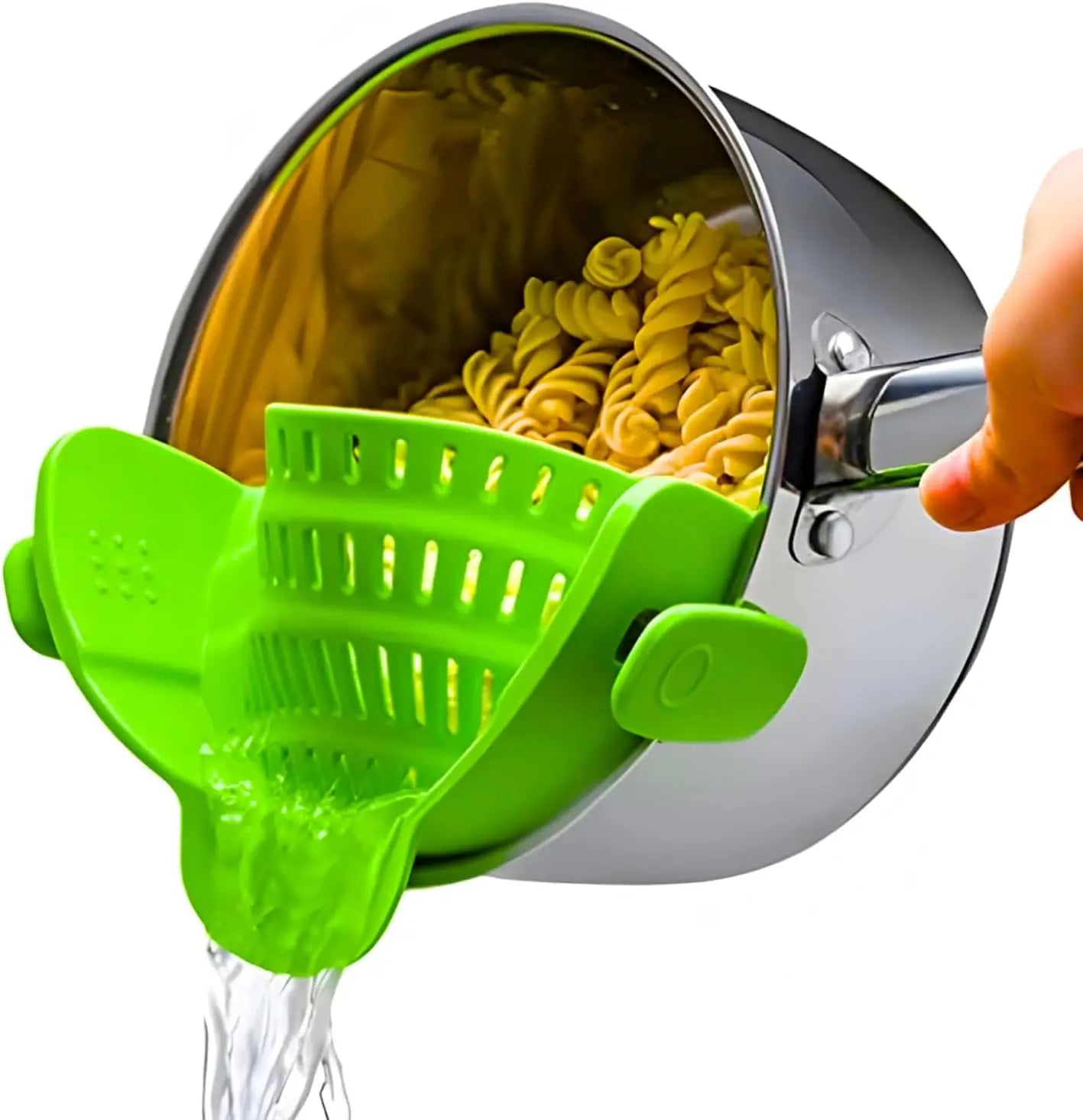 Snap N' Strain, Silicone Pasta Strainer Clip-On for Pots and Pans - Heat Resistant Colander