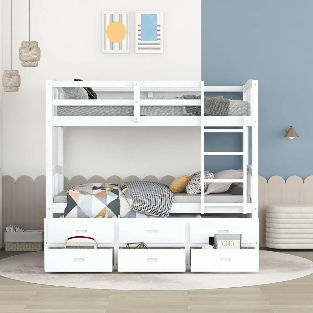 Twin Over Twin Bunk Bed with Trundle, 3 Drawers, Safety Rail, Ladder - Convertible to 3 Beds, White