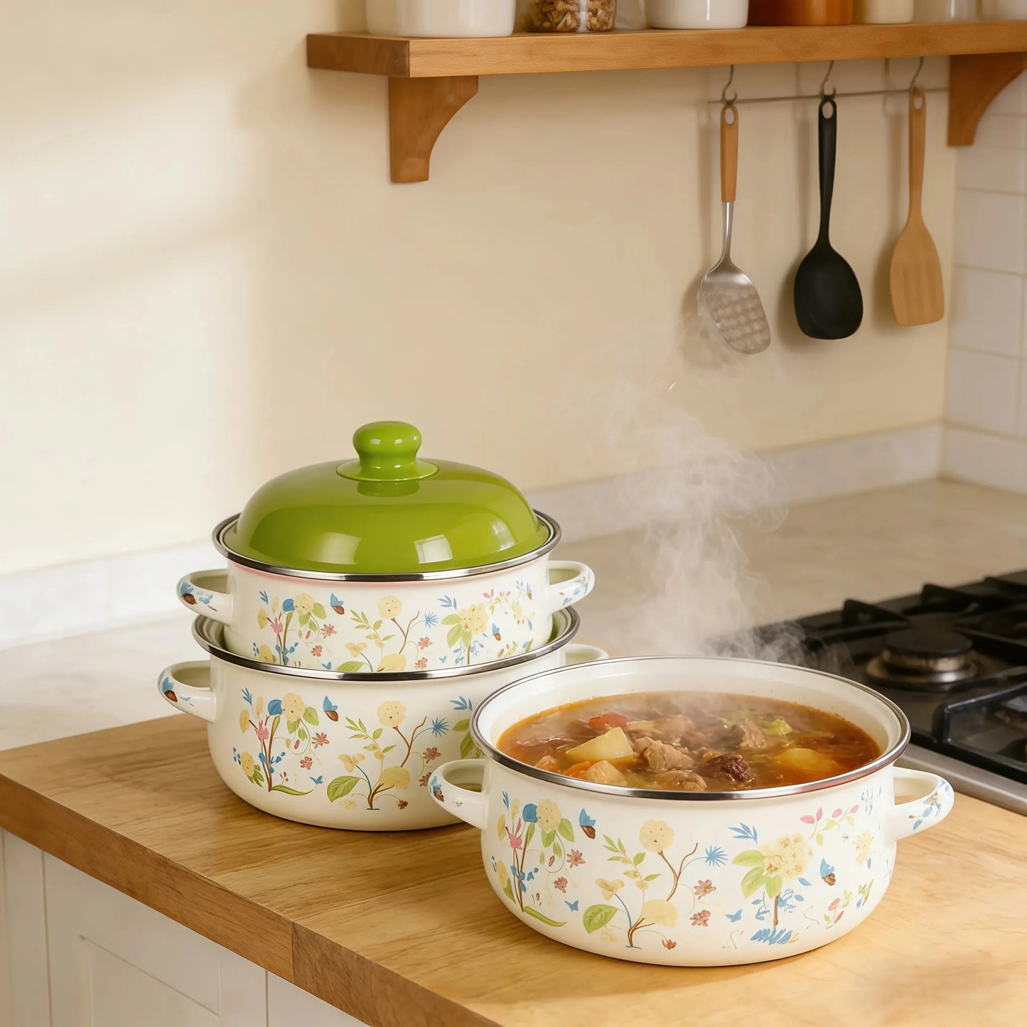 Retro 3pc Flat Bottom Vintage Enamel Stock Pot Set w/Lid, 34oz/51oz/68oz