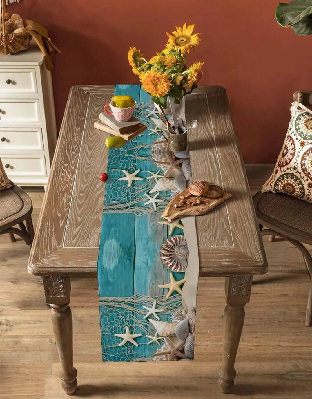 Summer Beach Starfish Shell Linen Table Runner