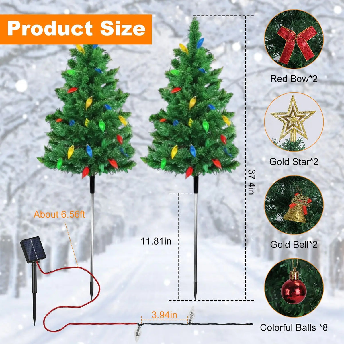 Christmas Tree Lights Solar Powered 2 Pack - 37.4in 100 LEDs 8 Modes, IP44 Waterproof Holiday Decor & Perfect Gift