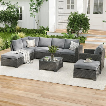 Patio Sectional Sofa Set w/Ottoman, Water/Oil/Stain-Resistant Fabric