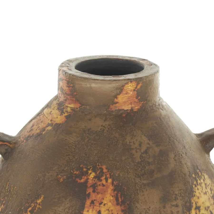15" Grooved Antique Style Distressed Brown Ceramic Vase w/Handles