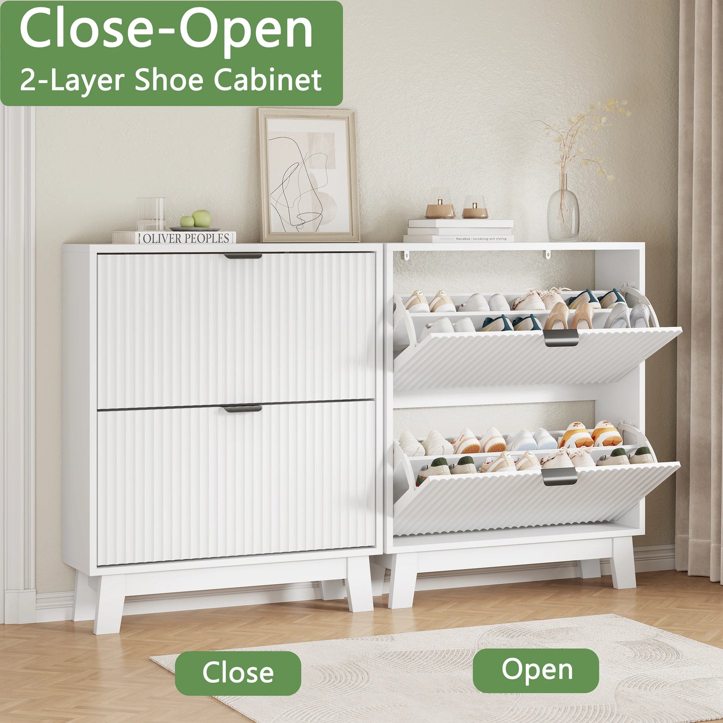 37" Tall Narrow Fluted Shoe Cabinet w/2 Flip Drawers