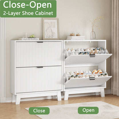 37" Tall Narrow Fluted Shoe Cabinet w/2 Flip Drawers