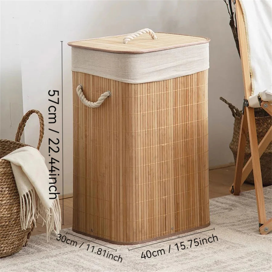 Large Bamboo Foldable Laundry, Storage Basket w/Lid