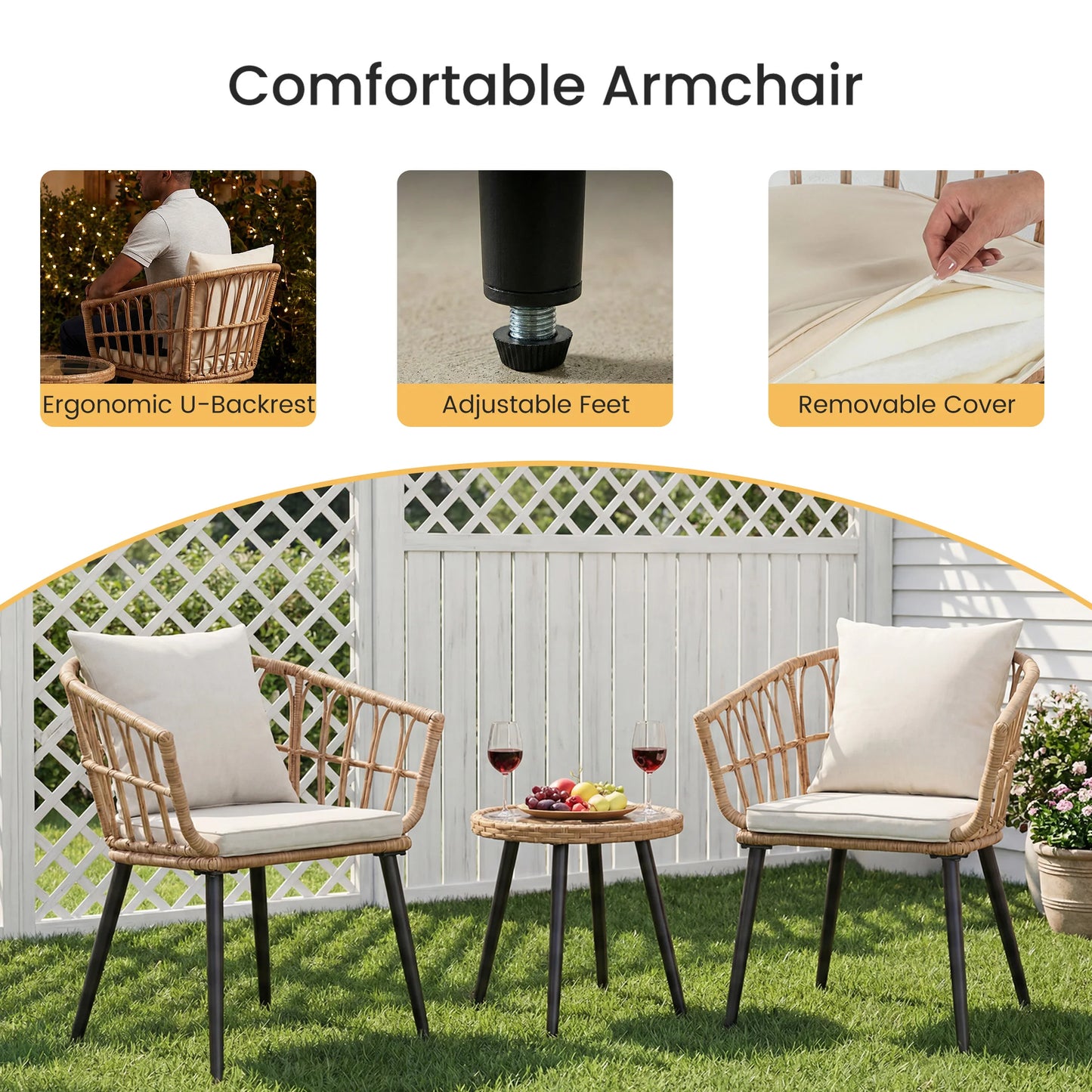3pc Wicker Outdoor Set w/Soft Cushion, Glass Table