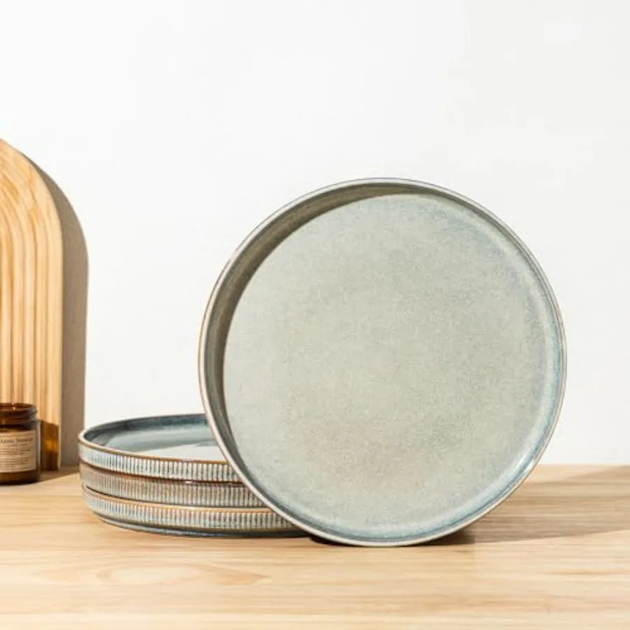 12pc Scratch-Resistant, Stoneware Set (4), Ribbed Ceramic Plates and Bowls
