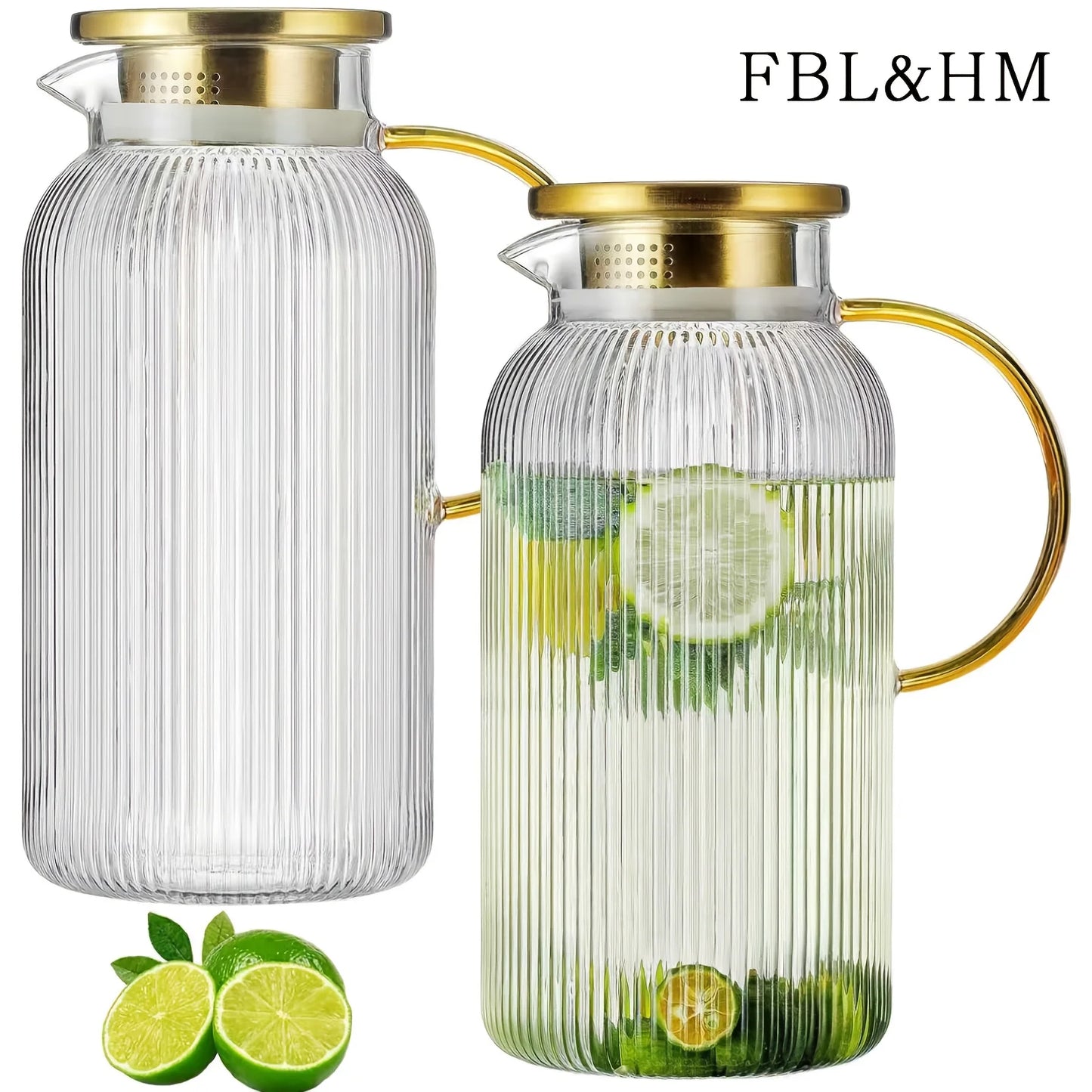 2/4pk Glass Pitcher 68 Oz/2 Liter Classic Vertical Stripes w/Lid