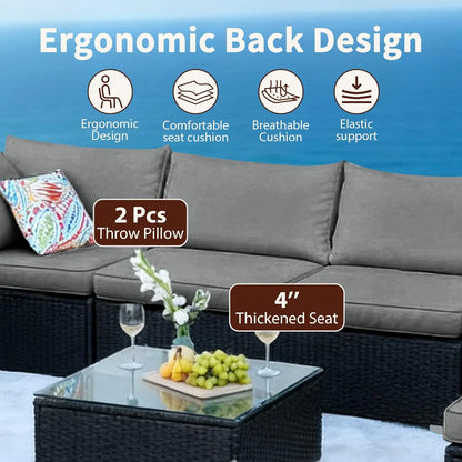 7pc Patio Sectional Wicker Sofa Set, All-Weather Cushions, Glass Table