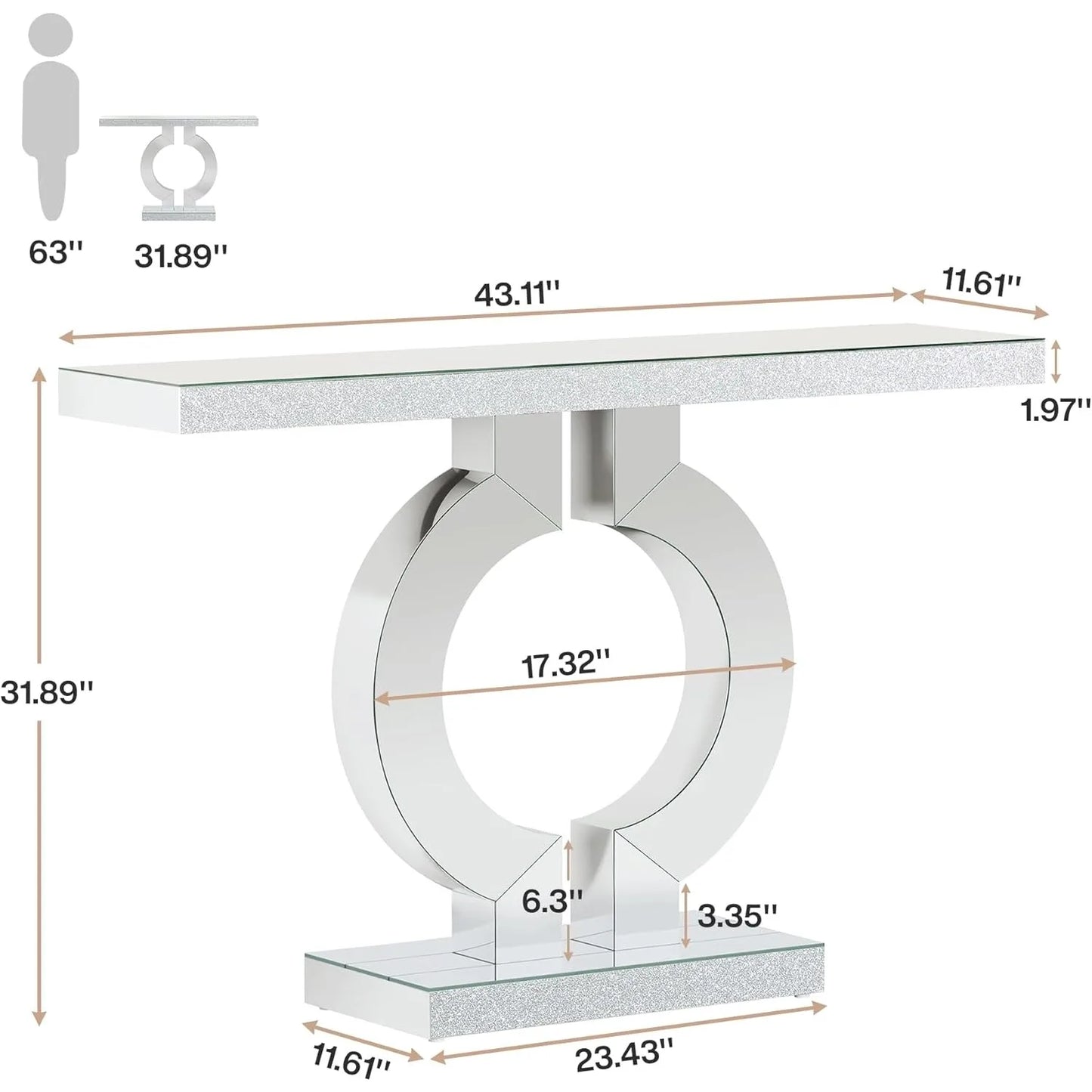 Mirrored Console Table with O-Shaped Base, Rectangle Accent Table